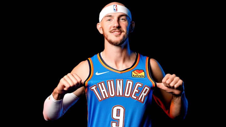 Alex Caruso is pictured during the Thunder media day at the Paycom Center in Oklahoma City, on Monday, Sept. 30, 2024. Alex Caruso is pictured during the Thunder media day at the Paycom Center in Oklahoma City, on Monday, Sept. 30, 2024.