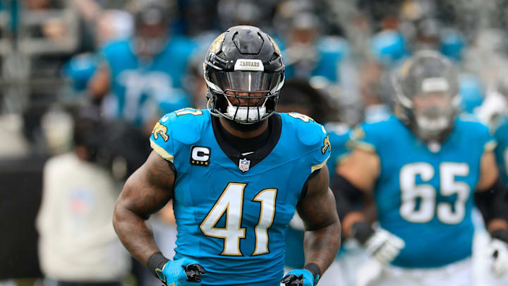 Jacksonville Jaguars defensive end Josh Hines-Allen (41) runs on the field before an NFL football matchup Sunday, Dec. 15, 2024 at EverBank Stadium in Jacksonville, Fla. [Corey Perrine/Florida Times-Union]
