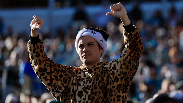 A Jacksonville Jaguars fan disapproves of a Houston Texans touchdown score during the third quarter of an NFL football matchup Sunday, Dec. 1, 2024 at EverBank Stadium in Jacksonville, Fla. The Texans held off the Jaguars 23-20. [Corey Perrine/Florida Times-Union]