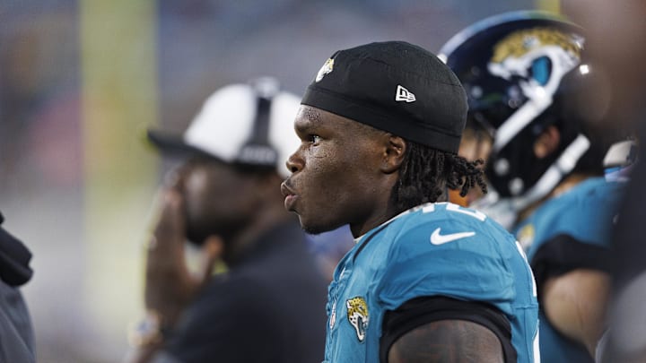 Aug 9, 2025; Jacksonville, Florida, USA; Jacksonville Jaguars wide receiver Travis Hunter (12) watches the second quarter against the Pittsburgh Steelers at EverBank Stadium. Mandatory Credit: Morgan Tencza-Imagn Images