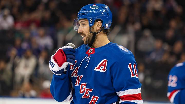 Apr 5, 2026; New York, New York, USA; New York Rangers center Vincent Trocheck (16) skates against the Washington Capitals during the second period at Madison Square Garden. Apr 5, 2026; New York, New York, USA; New York Rangers center Vincent Trocheck (16) skates against the Washington Capitals during the second period at Madison Square Garden.