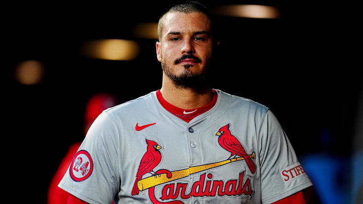Sep 24, 2024; Denver, Colorado, USA; St. Louis Cardinals third baseman Nolan Arenado (28) during the first inning against the Colorado Rockies at Coors Field. 