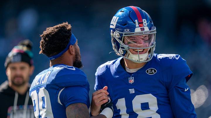 New York Giants quarterback J.J. McCarthy (18) and New York Giants running back Tyrone Tracy Jr. (29) during a week 6 NFL football game between New York Giants and New Orleans Saints on Sunday, Oct. 18, 2026, at MetLife Stadium in East Rutherford, NJ.