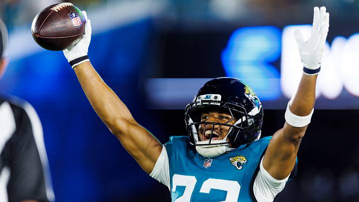 Aug 28, 2026; Jacksonville, Florida, USA;  Jacksonville Jaguars safety Jalen Huskey (22) celebrates a fumble recovery touchdown that turns into an incomplete pass against the Tampa Bay Buccaneers during the second quarter at EverBank Stadium.  Mandatory Credit: Morgan Tencza-Imagn Images