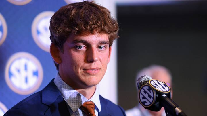 Texas Longhorns quarterback Arch Manning (16) speaks to the press during SEC Football Kickoff Media Day at the Tampa Marriott. Texas Longhorns quarterback Arch Manning (16) speaks to the press during SEC Football Kickoff Media Day at the Tampa Marriott.