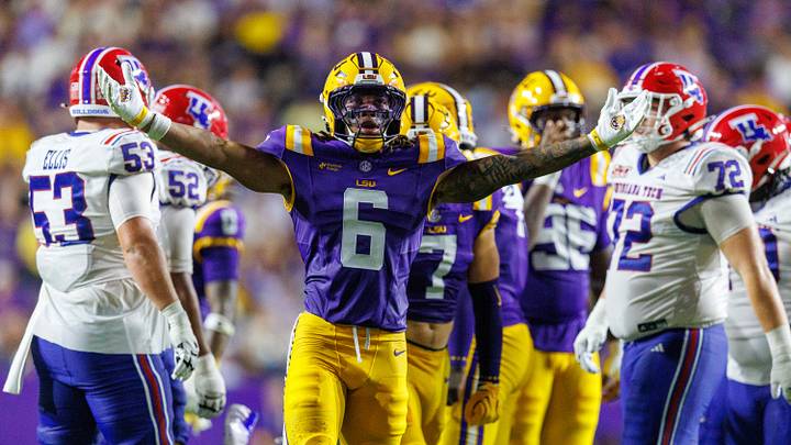 Sep 12, 2026; Baton Rouge, Louisiana, USA; LSU Tigers linebacker TJ Dottery (6) reacts to a play against Louisiana Tech Bulldogs during the second half at Tiger Stadium. Mandatory Credit: Stephen Lew-Imagn Images Sep 12, 2026; Baton Rouge, Louisiana, USA; LSU Tigers linebacker TJ Dottery (6) reacts to a play against Louisiana Tech Bulldogs during the second half at Tiger Stadium. Mandatory Credit: Stephen Lew-Imagn Images