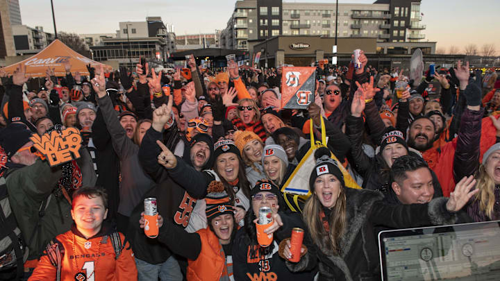 The (12-4) Cincinnati Bengals open the post season Wild Card game against the (10-7) Baltimore Ravens at Paycor Stadium on January 15, 2023. Hundrreds of screaming fans pose for a photo. The (12-4) Cincinnati Bengals open the post season Wild Card game against the (10-7) Baltimore Ravens at Paycor Stadium on January 15, 2023. Hundrreds of screaming fans pose for a photo.