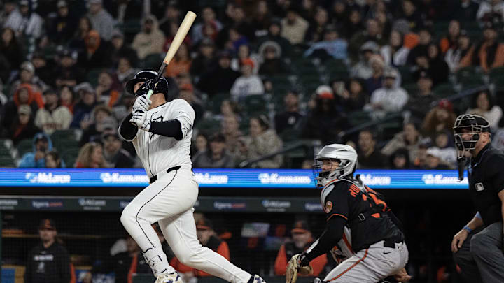 Apr 26, 2025; Detroit, Michigan, USA; Detroit Tigers first base Spencer Torkelson (20) hits a double to left field and drives in two runs in the seventh inning during game two of a double header against the Baltimore Orioles at Comerica Park. Mandatory Credit: David Reginek-Imagn Images Apr 26, 2025; Detroit, Michigan, USA; Detroit Tigers first base Spencer Torkelson (20) hits a double to left field and drives in two runs in the seventh inning during game two of a double header against the Baltimore Orioles at Comerica Park. Mandatory Credit: David Reginek-Imagn Images