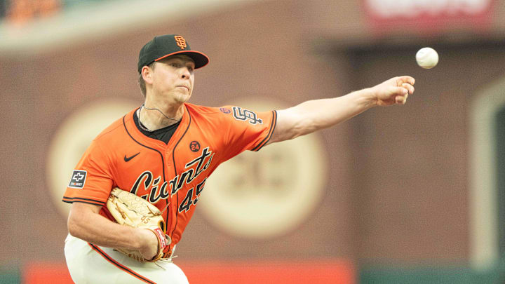 Jul 26, 2024; San Francisco, California, USA;  San Francisco Giants pitcher Kyle Harrison (45) pitches during the first inning against the Colorado Rockies at Oracle Park.