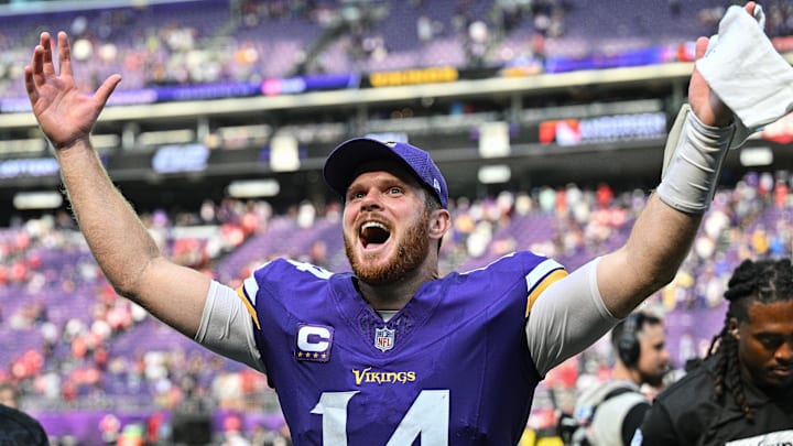 Minnesota Vikings quarterback Sam Darnold reacts after the game against the San Francisco 49ers at U.S. Bank Stadium.