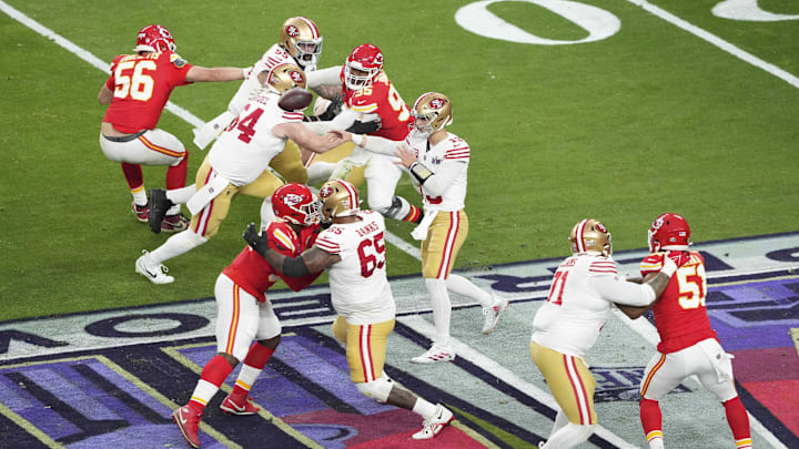 Feb 11, 2024; Paradise, Nevada, USA; San Francisco 49ers quarterback Brock Purdy (13) throws the Feb 11, 2024; Paradise, Nevada, USA; San Francisco 49ers quarterback Brock Purdy (13) throws the