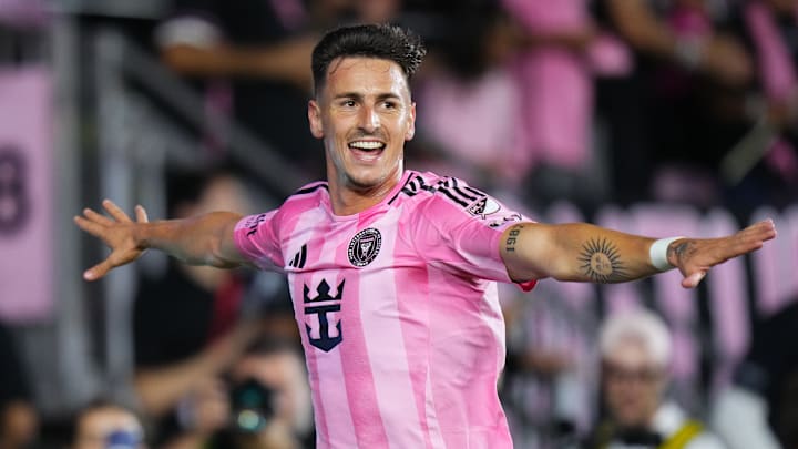 Inter Miami CF forward Tadeo Allende celebrates after one of his three goals Saturday in the Herons' 5-1 win against New York City FC in the MLS Eastern Conference final.