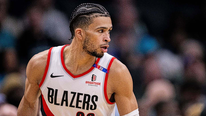 Jan 24, 2025; Charlotte, North Carolina, USA; Portland Trail Blazers forward Toumani Camara (33) during the second quarter against the Charlotte Hornets at Spectrum Center. Mandatory Credit: Scott Kinser-Imagn Images
