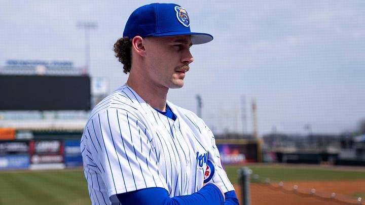 Cubs pitcher Jaxon Wiggins speaks with reporters during the Iowa Cubs media day on March 25, 2026, at Principal Park in Des Moines.
