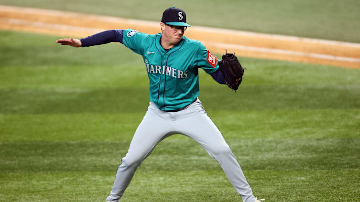 Jun 29, 2025; Arlington, Texas, USA; Seattle Mariners pitcher Trent Thornton (46) reacts after the final out against the Texas Rangers during the twelfth inning at Globe Life Field. Mandatory Credit: Tim Heitman-Imagn Images
