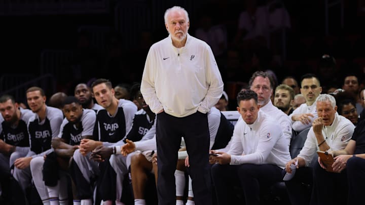 Oct 15, 2024; Miami, Florida, USA; San Antonio Spurs head coach Gregg Popovich watches from the sideline against the Miami Heat during the first quarter at Kaseya Center. 