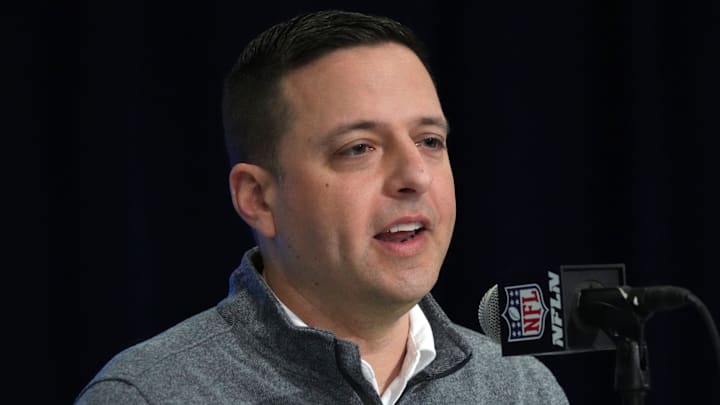 Feb 27, 2024; Indianapolis, IN, USA; New England Patriots director of scouting Eliot Wolf during the NFL Scouting Combine at Indiana Convention Center. Mandatory Credit: Kirby Lee-Imagn Images