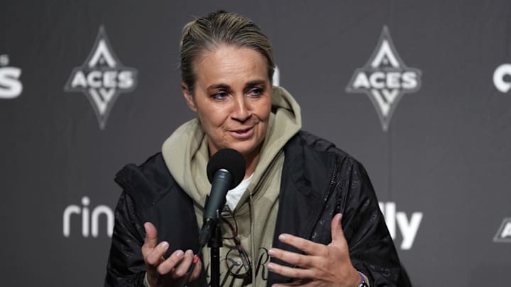 Jun 7, 2025; San Francisco, California, USA; Las Vegas Aces head coach Becky Hammon talks to media members before the game against the Golden State Valkyries at Chase Center. Mandatory Credit: Darren Yamashita-Imagn Images