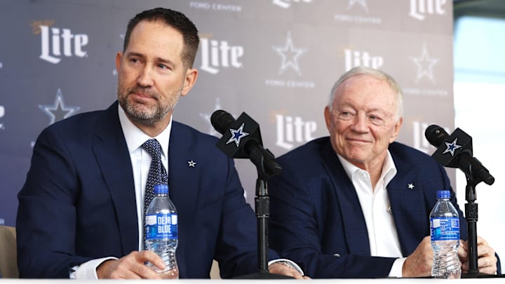 Jan 27, 2025; Frisco, TX, USA;   Dallas Cowboys Head Coach Brian Schottenheimer and owner Jerry Jones speak to the media at a press conference at the Star.  Mandatory Credit: Tim Heitman-Imagn Images
