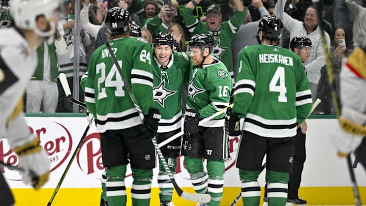 May 1, 2024; Dallas, Texas, USA; Dallas Stars left wing Jason Robertson (21) and center Roope Hintz