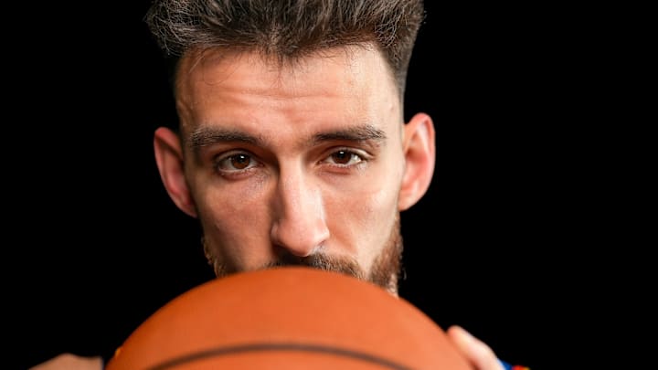Oklahoma forward Chet Holmgren (7) poses for a photo shoot during Thunder media day at Paycom Center in Oklahoma City on Monday, Sept. 29, 2025.