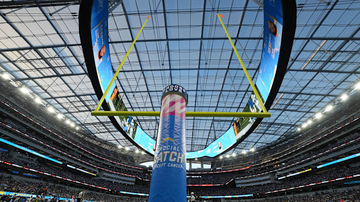 Oct 16, 2023; Inglewood, California, USA; Chargers goal posts.