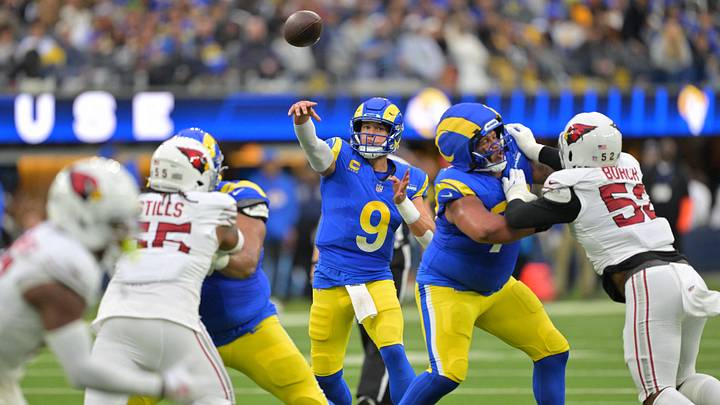 Jan 4, 2026; Inglewood, California, USA; Los Angeles Rams quarterback Matthew Stafford (9) passes the ball downfield against the Arizona Cardinals during the first half at SoFi Stadium. Mandatory Credit: Jayne Kamin-Oncea-Imagn Images Jan 4, 2026; Inglewood, California, USA; Los Angeles Rams quarterback Matthew Stafford (9) passes the ball downfield against the Arizona Cardinals during the first half at SoFi Stadium. Mandatory Credit: Jayne Kamin-Oncea-Imagn Images