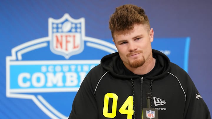 Feb 25, 2026; Indianapolis, IN, USA; Oregon linebacker Bryce Boettcher (LB04) speaks during the NFL Scouting Combine at the Indiana Convention Center. Mandatory Credit: Kirby Lee-Imagn Images