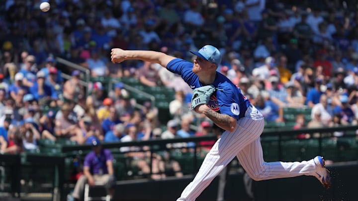 Chicago Cubs pitcher Cade Horton throws against the San Diego Padres in the first inning at Sloan Park. Chicago Cubs pitcher Cade Horton throws against the San Diego Padres in the first inning at Sloan Park.