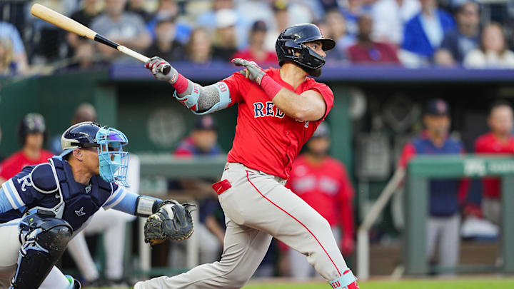 May 9, 2025; Kansas City, Missouri, USA; Boston Red Sox right fielder Wilyer Abreu (52) bats against the Kansas City Royals at Kauffman Stadium. Mandatory Credit: Jay Biggerstaff-Imagn Images