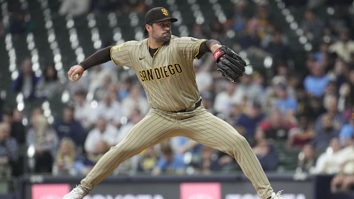 May 12, 2026; Milwaukee, Wisconsin, USA; San Diego Padres pitcher Matt Waldron (61) delivers a pitch against the Milwaukee Brewers in the fourth inning at American Family Field. Mandatory Credit: Michael McLoone-Imagn Images