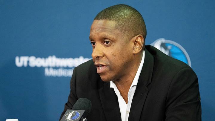 Jun 29, 2026; Dallas, TX, USA; Masai Ujiri, Dallas Mavericks’ President of Basketball Operations, provides an opening statement during an introductory press conference for new head coach Dusty May at American Airlines Center. Mandatory Credit: Raymond Carlin III-Imagn Images