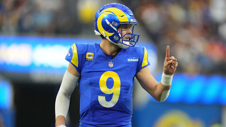Dec 17, 2023; Inglewood, California, USA; Los Angeles Rams quarterback Matthew Stafford (9) gestures
