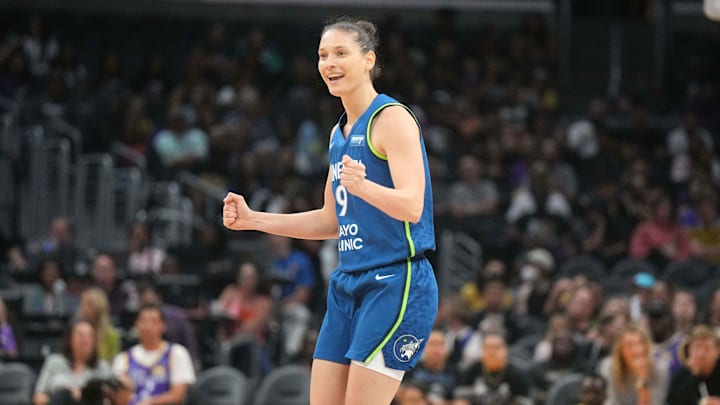 Jul 9, 2024; Los Angeles, California, USA; Minnesota Lynx forward Cecilia Zandalasini (9) celebrates against the LA Sparks in the first half at Crypto.com Arena. Mandatory Credit: Kirby Lee-Imagn Images