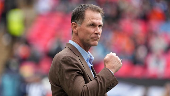 Oct 30, 2022; London, United Kingdom; Jacksonville Jaguars general manager Trent Baalke reacts