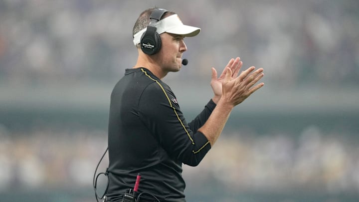 Sep 1, 2024; Paradise, Nevada, USA; Southern California Trojans head coach Lincoln Riley reacts in the first half against the LSU Tigers at Allegiant Stadium. Mandatory Credit: Kirby Lee-Imagn Images