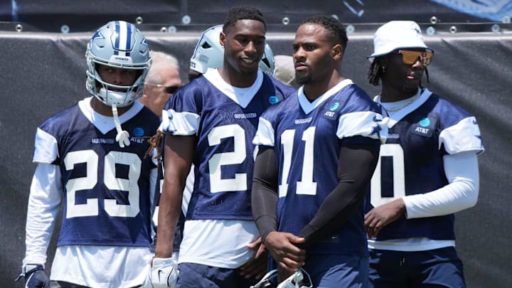 Dallas Cowboys defenders C.J. Goodwin, Israel Mukuamu, Micah Parsons, and DeMarvion Overshown during training camp Dallas Cowboys defenders C.J. Goodwin, Israel Mukuamu, Micah Parsons, and DeMarvion Overshown during training camp