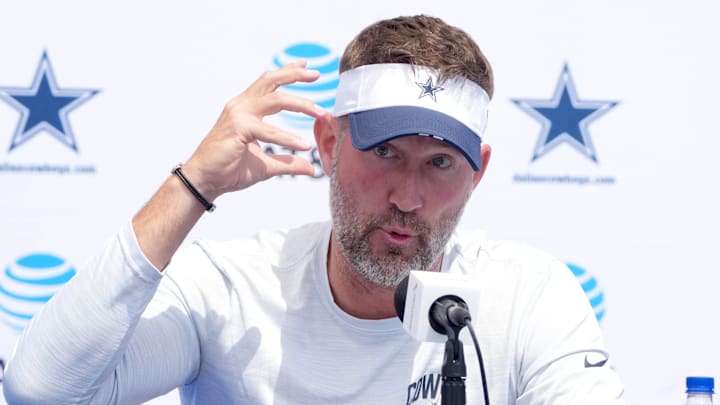 Dallas Cowboys coach Brian Schottenheimer at training camp press conference at the River Ridge Fields. 