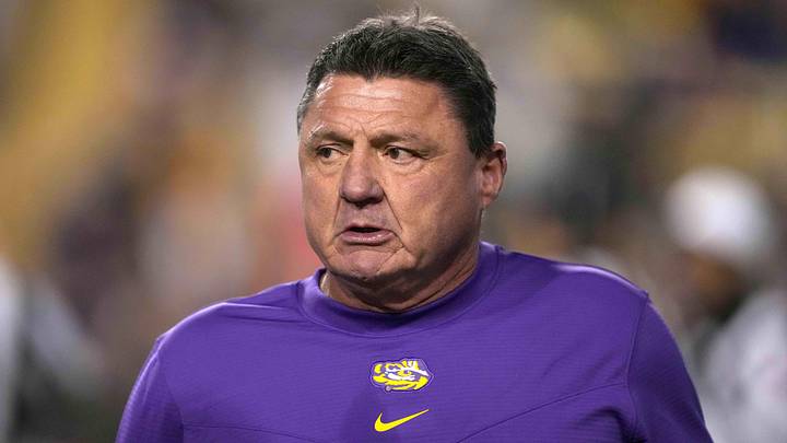 LSU Tigers head coach Ed Orgeron reacts in the first half against the Arkansas Razorbacks at Tiger Stadium. 