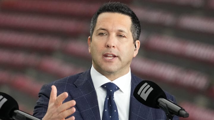 Jan 8, 2024; Houston, TX, USA; Adam Schefter talks on a set before the 2024 College Football Playoff national championship game between the Michigan Wolverines and the Washington Huskies at NRG Stadium. Mandatory Credit: Kirby Lee-Imagn Images