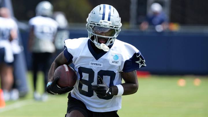 Dallas Cowboys receiver Parris Campbell carries the ball during training camp at the River Ridge Fields. Dallas Cowboys receiver Parris Campbell carries the ball during training camp at the River Ridge Fields.