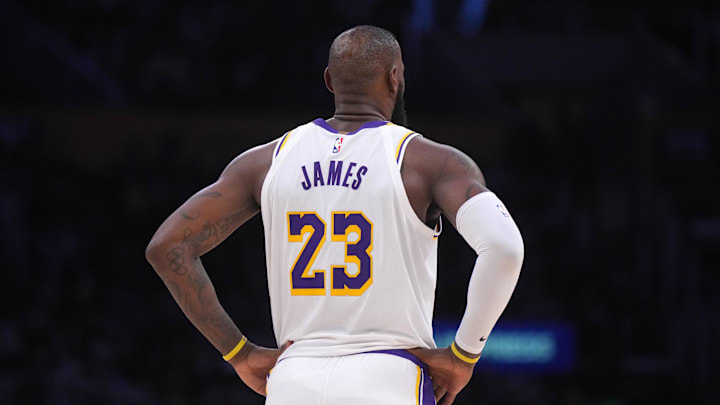 Dec 15, 2024; Los Angeles, California, USA; Los Angeles Lakers forward LeBron James (23) in the second half against the Memphis Grizzlies at Crypto.com Arena. Mandatory Credit: Kirby Lee-Imagn Images