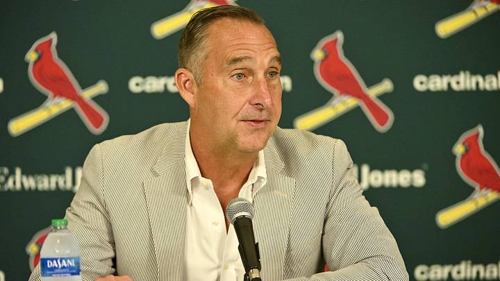 Jul 30, 2023; St. Louis, Missouri, USA;  St. Louis Cardinals president of baseball operations John Mozeliak talks with the media after the Cardinals traded relief pitcher Jordan Hicks (not pictured) starting pitcher Jordan Montgomery (not pictured) and relief pitcher Chris Stratton (not pictured) at Busch Stadium. Mandatory Credit: Jeff Curry-Imagn Images