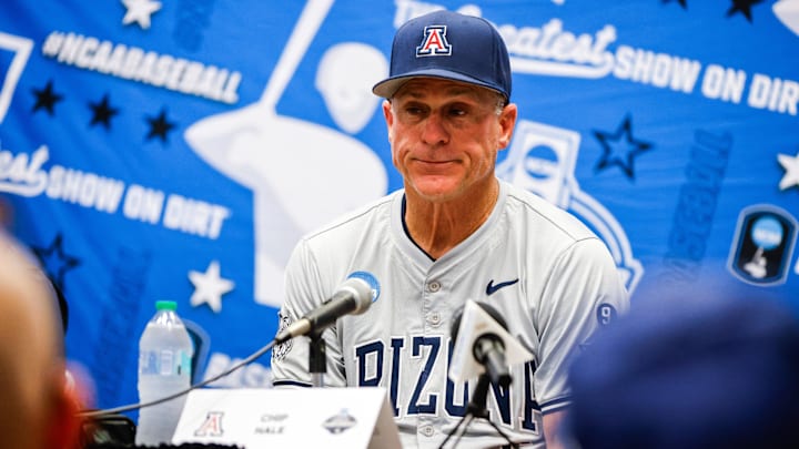 Jun 8, 2025; Chapel Hill, NC, USA; Arizona head coach Chip Hale during an interview with the media after a Super Regionals game against North Carolina in Chapel Hill, North Carolina. Mandatory Credit: Jaylynn Nash-Imagn Images Jun 8, 2025; Chapel Hill, NC, USA; Arizona head coach Chip Hale during an interview with the media after a Super Regionals game against North Carolina in Chapel Hill, North Carolina. Mandatory Credit: Jaylynn Nash-Imagn Images