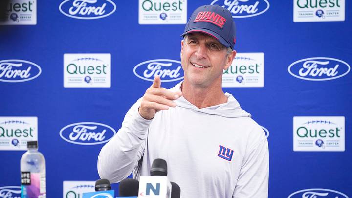 New York Giants head coach John Harbaugh points while speaking to members of the media after training camp at Quest Diagnostics Training Center, Aug 10, 2026, East Rutherford, NJ, USA.