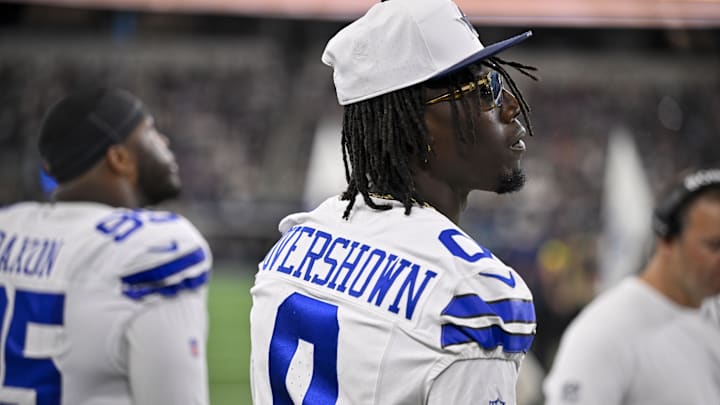 Dallas Cowboys linebacker DeMarvion Overshown looks on before the game against the Baltimore Ravens. Dallas Cowboys linebacker DeMarvion Overshown looks on before the game against the Baltimore Ravens.
