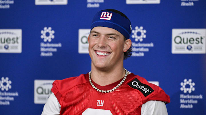 New York Giants quarterback Jaxson Dart speaks to members of the press after rookie minicamp. New York Giants quarterback Jaxson Dart speaks to members of the press after rookie minicamp.