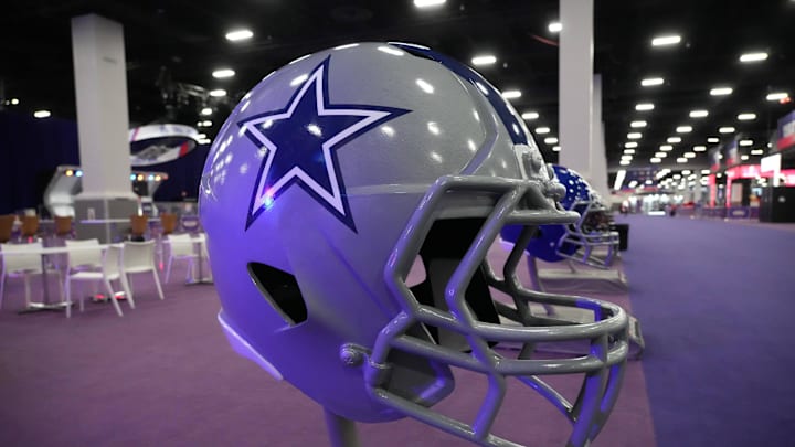 Feb 9, 2024; Las Vegas, NV, USA; A large Dallas Cowboys helmet at the NFL Experience at the Mandalay Bay South Convention Center. Mandatory Credit: Kirby Lee-Imagn Images