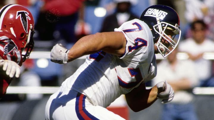 Oct 23, 1988; Atlanta, GA, USA; FILE PHOTO; New York Giants defensive tackle Erik Howard (74) in action against the Atlanta Falcons at Fulton County Stadium. Oct 23, 1988; Atlanta, GA, USA; FILE PHOTO; New York Giants defensive tackle Erik Howard (74) in action against the Atlanta Falcons at Fulton County Stadium.