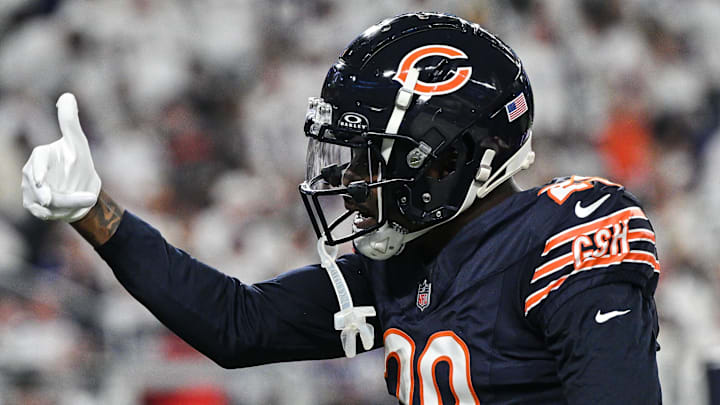 Dec 16, 2024; Minneapolis, Minnesota, USA; Chicago Bears cornerback Tyrique Stevenson (29) reacts after an interception against the Minnesota Vikings during the second quarter at U.S. Bank Stadium. Mandatory Credit: Jeffrey Becker-Imagn Images